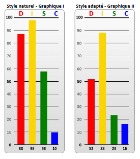 2 graphiques en histogramme spécimen profil DISC style naturel dominance jaune et rouge style adapté dominance jaune